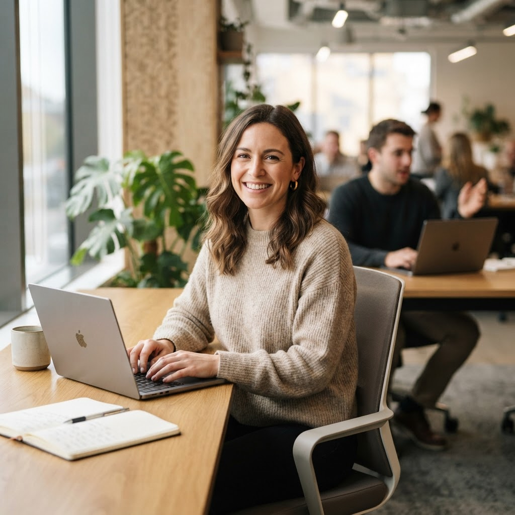 A small business owner working confidently at her laptop in a modern office