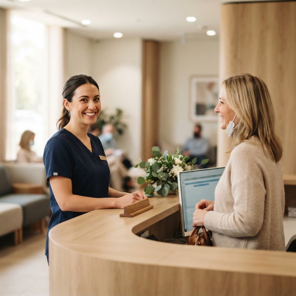 Clinic receptionist warmly welcoming a patient at the front desk