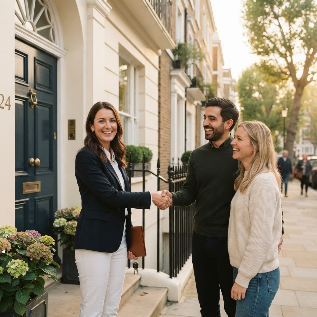 Estate agent welcoming a happy couple at the door of a London townhouse