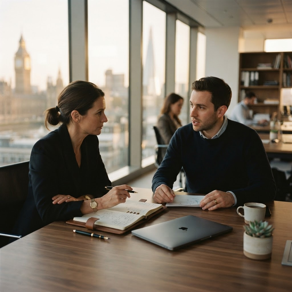 Two professionals discussing a workflow at a desk in a calm modern office