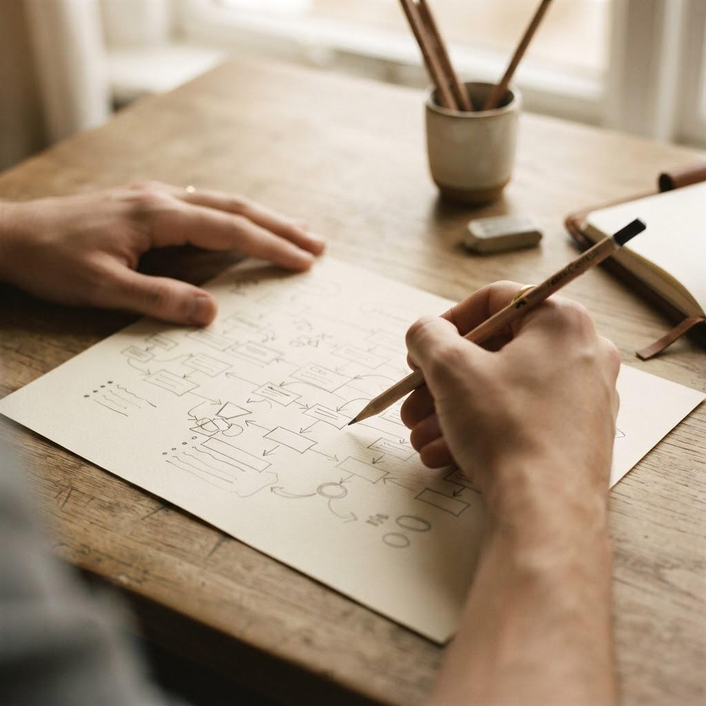 Hands sketching a structured plan and flow diagram on paper
