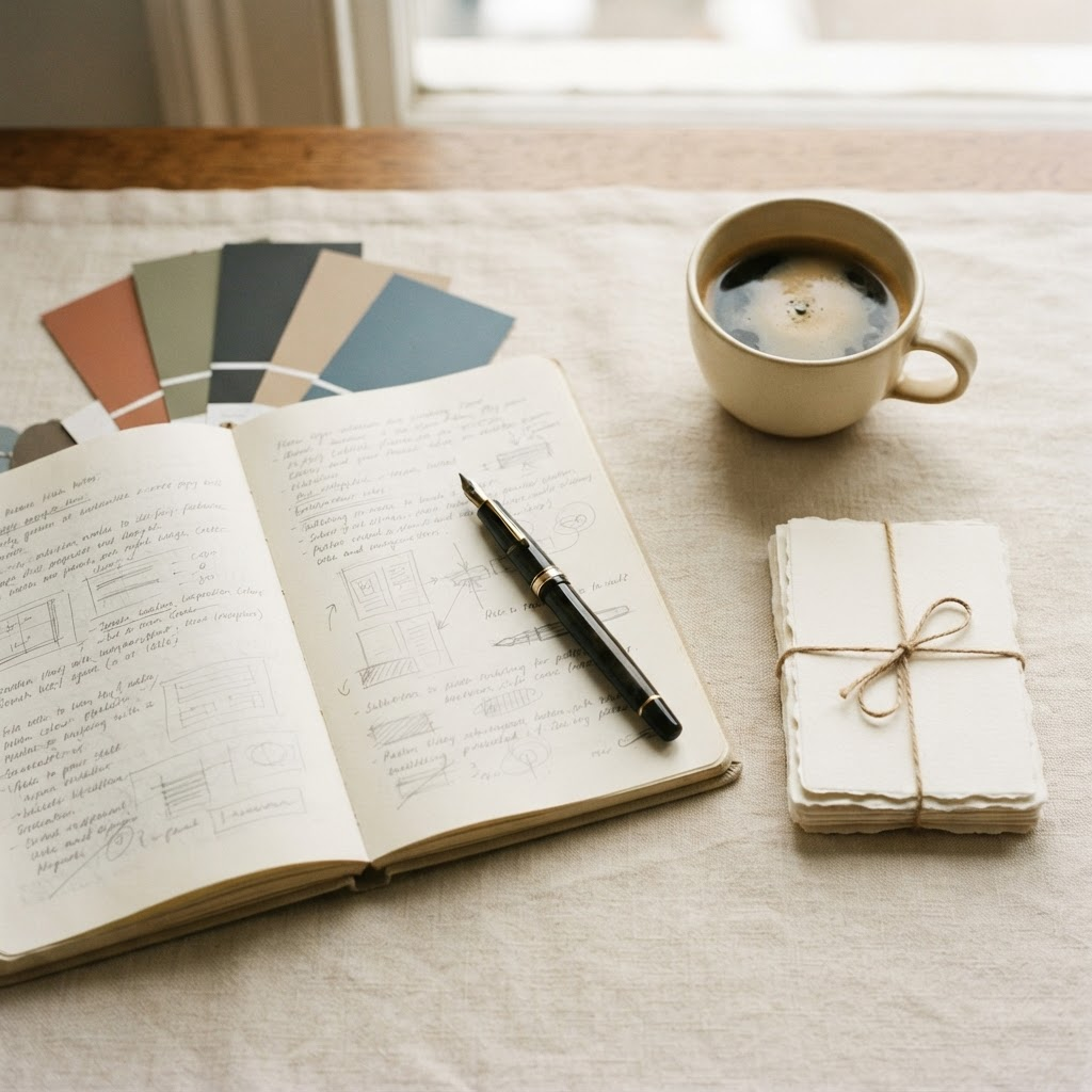 A refined desk flat-lay with a notebook, colour swatches and a fountain pen