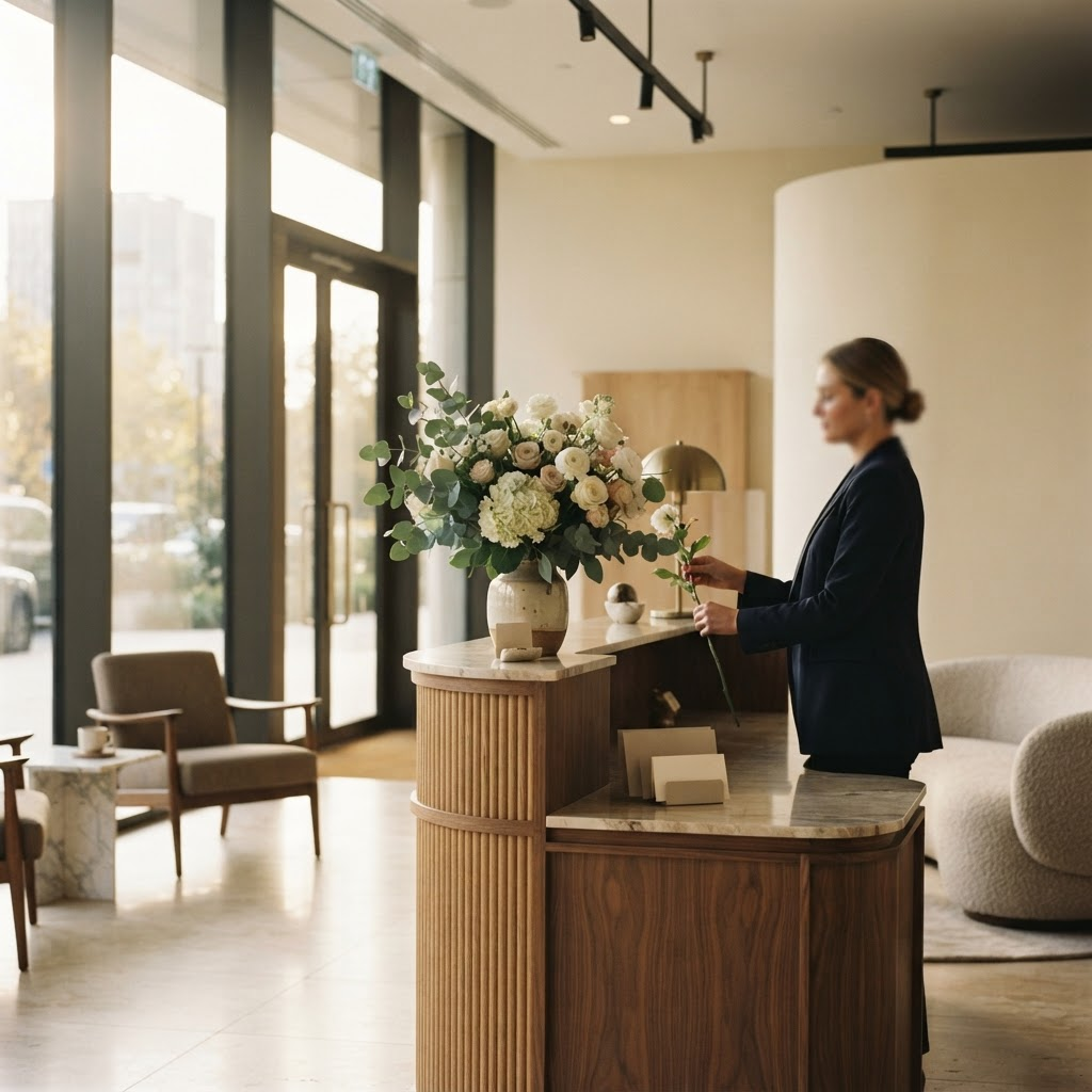 An elegant modern office reception at opening time in warm morning light
