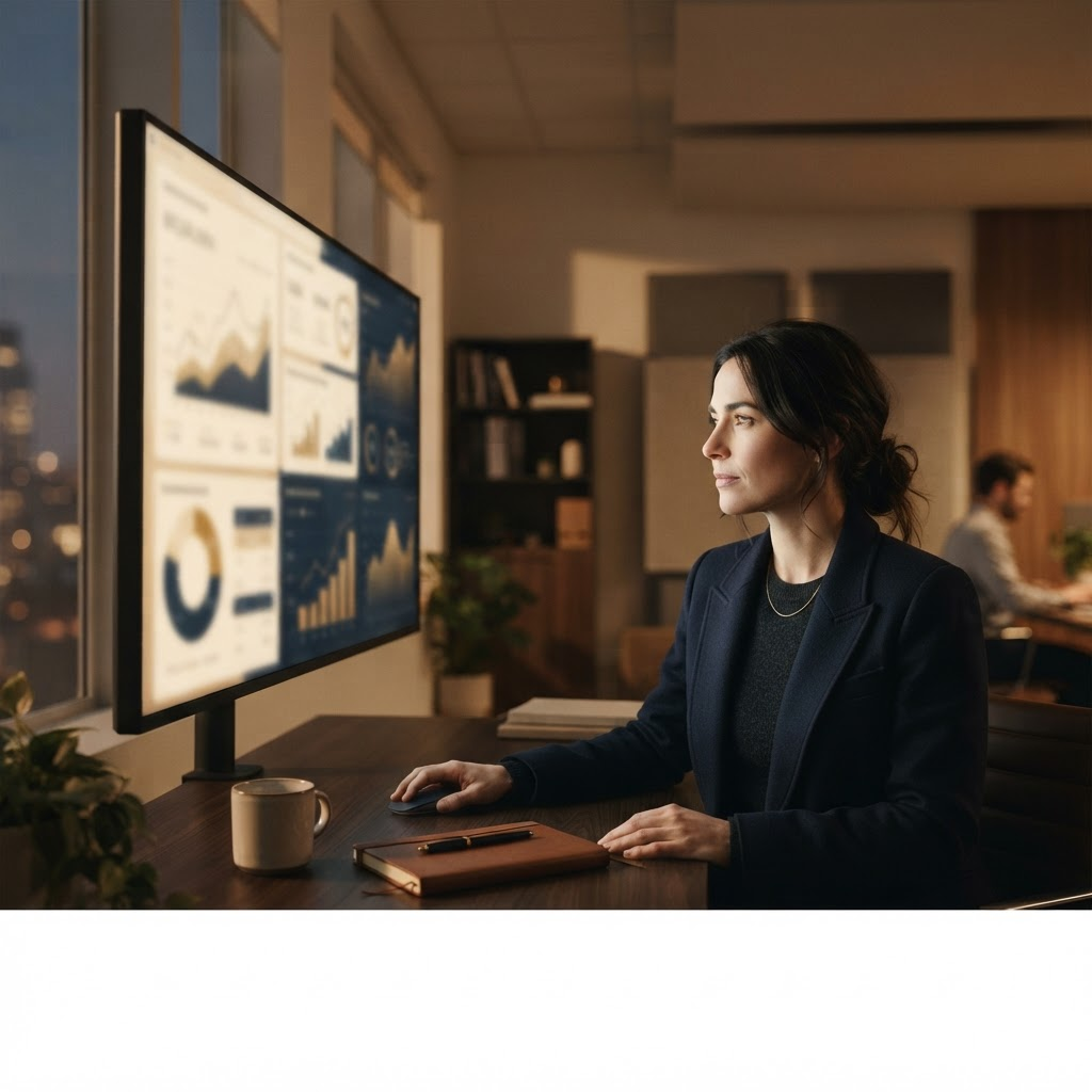 A professional reviewing soft, out-of-focus performance charts on a monitor